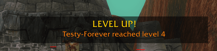 In-game level-up banner reading Level Up! Testy-Forever reached level 4